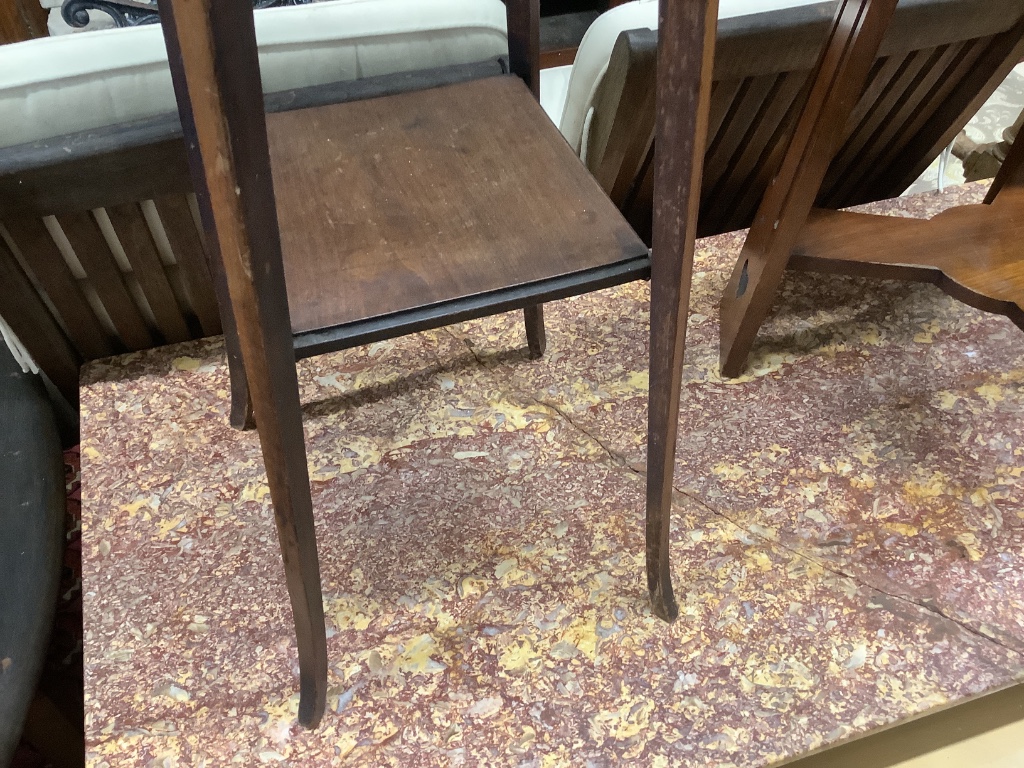 An Edwardian inlaid beech jardiniere stand and a walnut occasional table